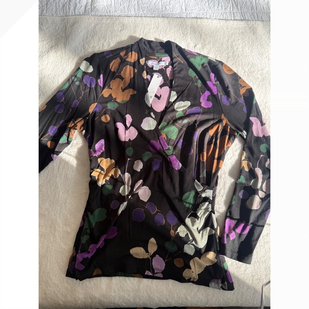 Chicos Botanical Leaf Print Faux Wrap V-Neck Long Sleeve Top Black Size 1 M